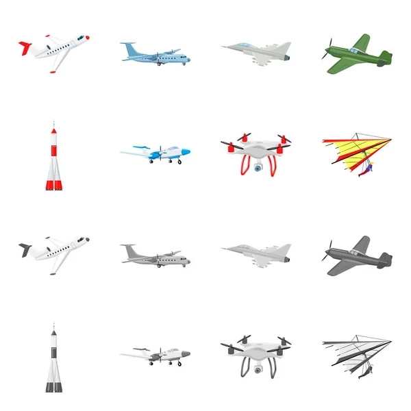 Oggetto isolato di aereo e logo di trasporto. Set di piano e cielo stock simbolo per il web . — Vettoriale Stock