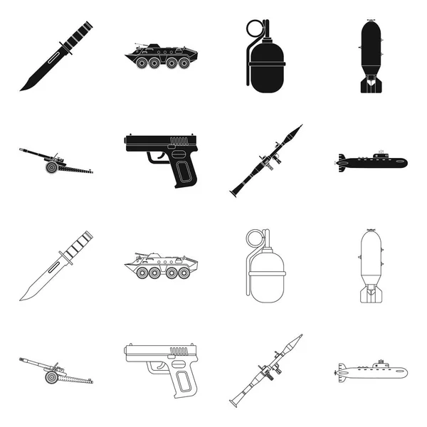 Isoliertes Objekt der Waffe und Waffenikone. Sammlung von Waffen- und Armee-Vektor-Illustrationen. — Stockvektor