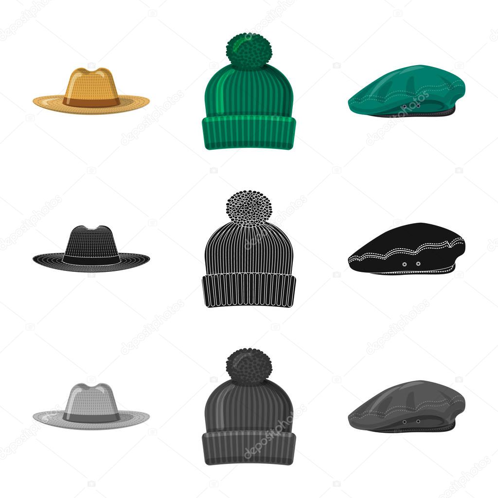Vector illustration of headgear and cap logo. Set of headgear and accessory stock vector illustration.