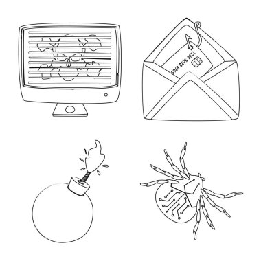 Virüs ve güvenli işareti vektör çizimi. Virüs ve siber hisse senedi vektör çizim seti.