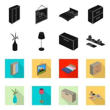 Yatak odası ve oda sembolü yalıtılmış nesne. Web için yatak ve mobilya hisse senedi simgesi kümesi.