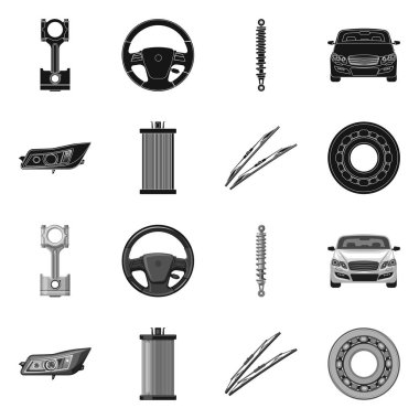 Otomatik ve bölümü logosu yalıtılmış nesne. Hisse senedi için oto, araba vektör simge kümesi.