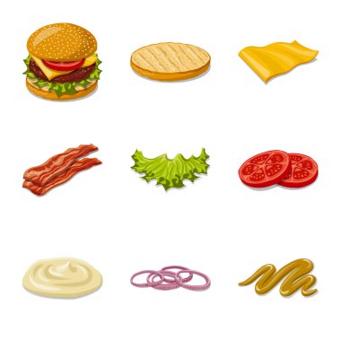 Burger ve sandviç logo vektör tasarımı. Web için burger ve dilim hisse senedi simgesi kümesi.