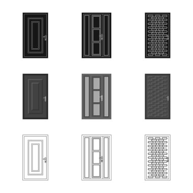 Kapı ve ön logo vektör tasarımı. Kapı ve hisse senedi için ahşap vektör simge kümesi.