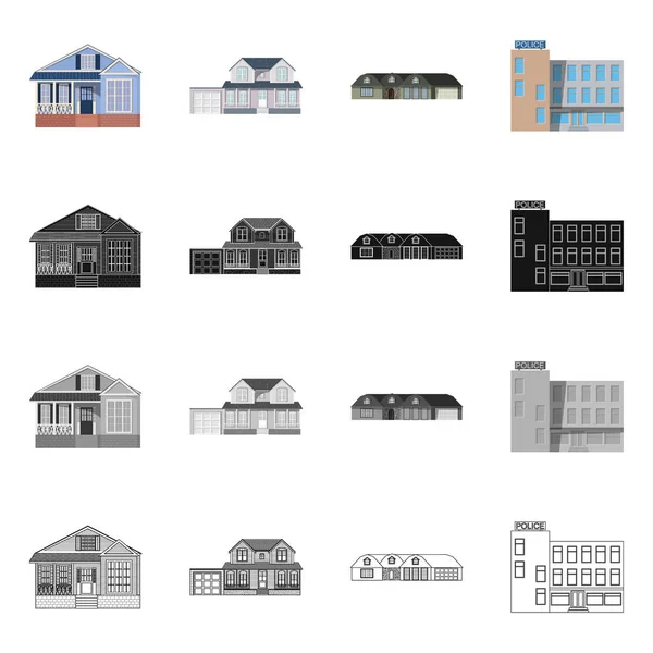 Ilustración vectorial del edificio y el logotipo frontal. Colección de edificio y techo símbolo de stock para la web . — Archivo Imágenes Vectoriales