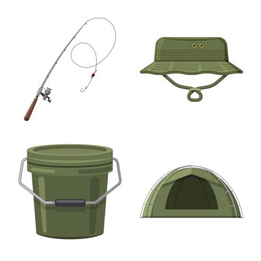 Balık ve balık tutma simge vektör tasarımı. Balık ve ekipman hisse senedi vektör çizim topluluğu.