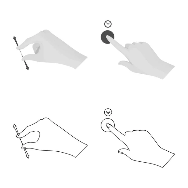 Objeto isolado de tela sensível ao toque e ícone de mão. Conjunto de tela sensível ao toque e ilustração vetorial de estoque de toque . — Vetor de Stock