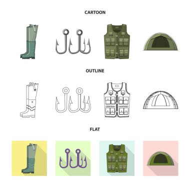 Balık ve balık tutma işareti vektör tasarımı. Web için balık ve ekipman hisse senedi simgesi kümesi.