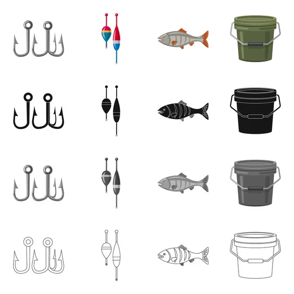 Vektorillustration des Fisches und des Angelsymbols. Sammlung von Fisch und Ausrüstung Lagersymbol für Web. — Stockvektor