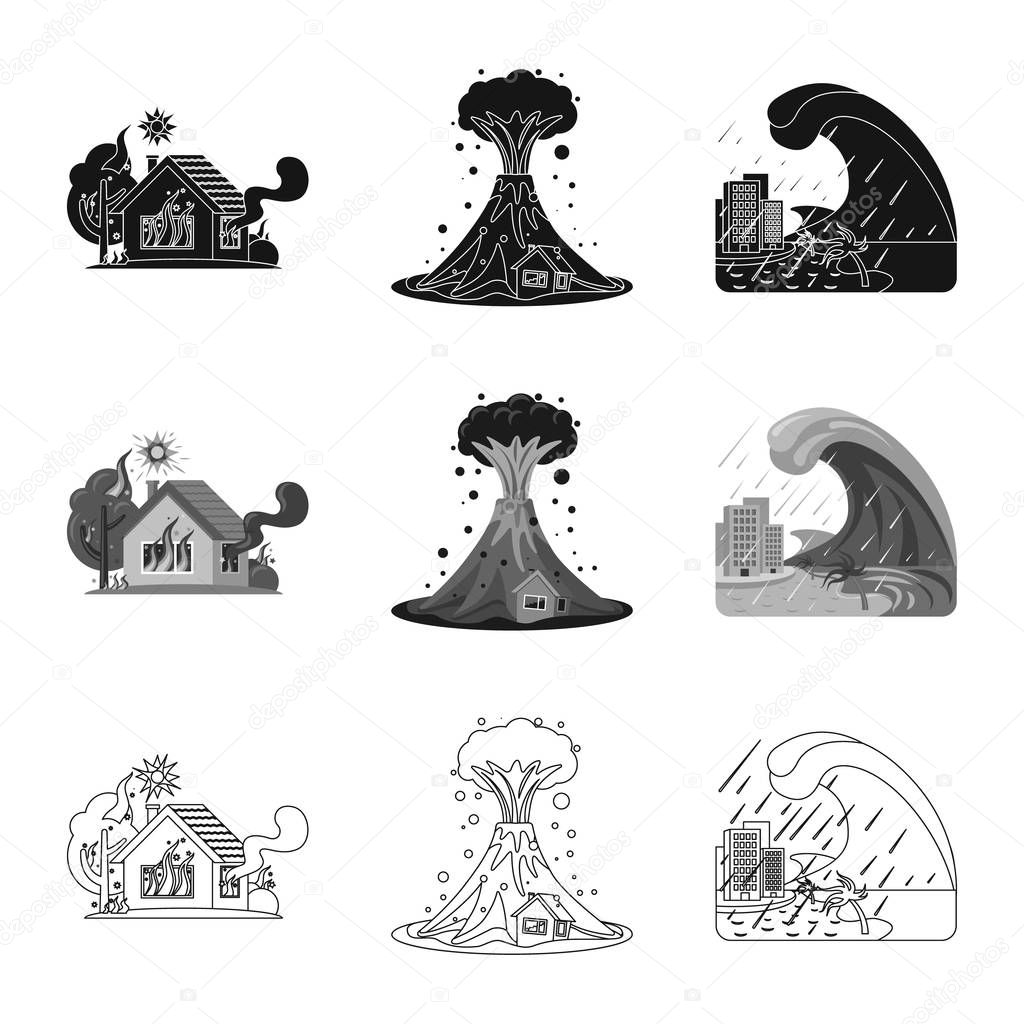 Isolated object of natural and disaster logo. Collection of natural and risk stock symbol for web.