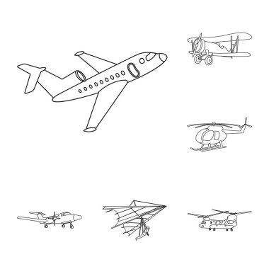 Uçak ve taşıma işareti yalıtılmış nesne. Hisse senedi için uçak ve gökyüzü vektör simge kümesi.