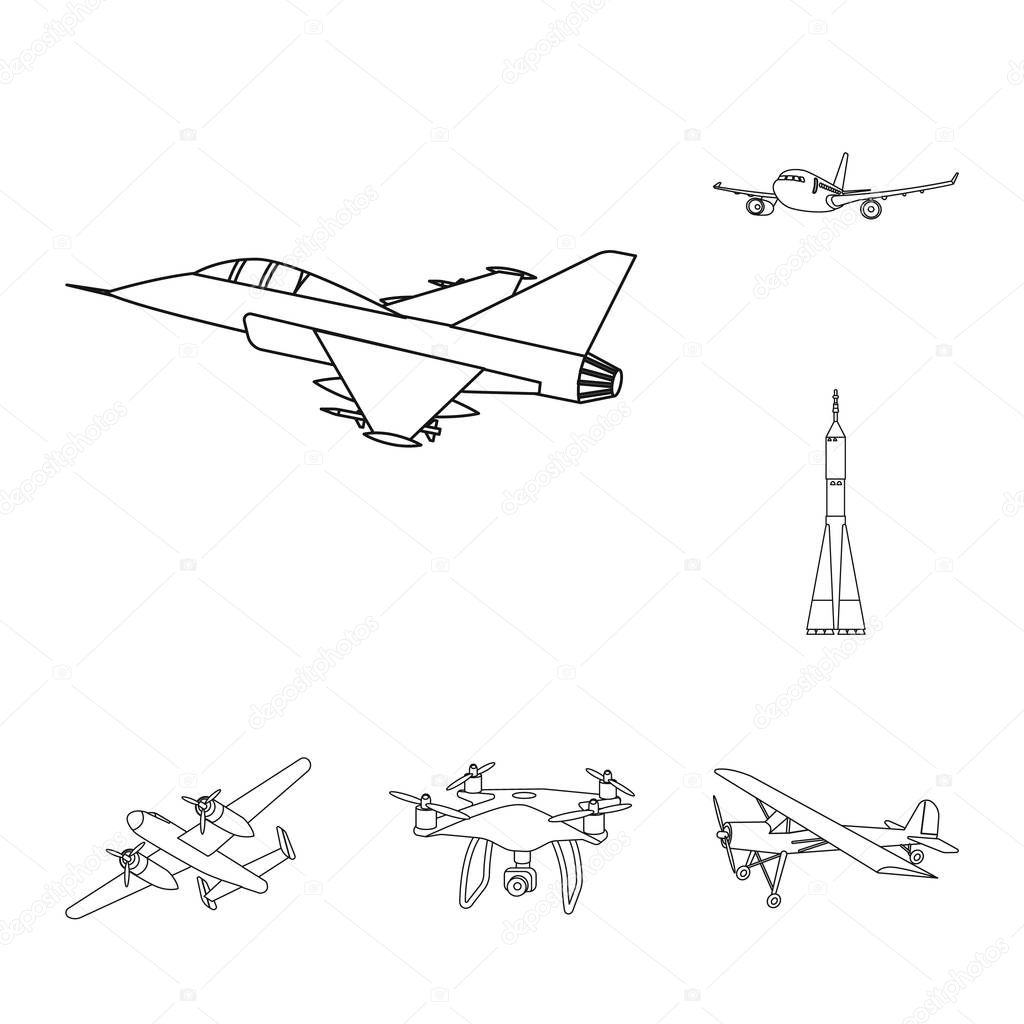 Vector illustration of plane and transport symbol. Collection of plane and sky vector icon for stock.