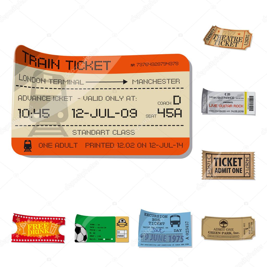 Vector illustration of ticket and admission logo. Collection of ticket and event stock symbol for web.