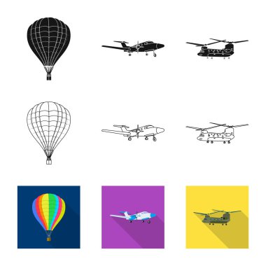 İllüstrasyon işareti uçak ve ulaşım vektör. Hisse senedi için uçak ve gökyüzü vektör simge kümesi.