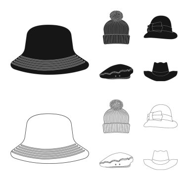 İllüstrasyon işareti şapkalar ve kap vektör. Şapkalar ve hisse senedi için aksesuar vektör simge kümesi.