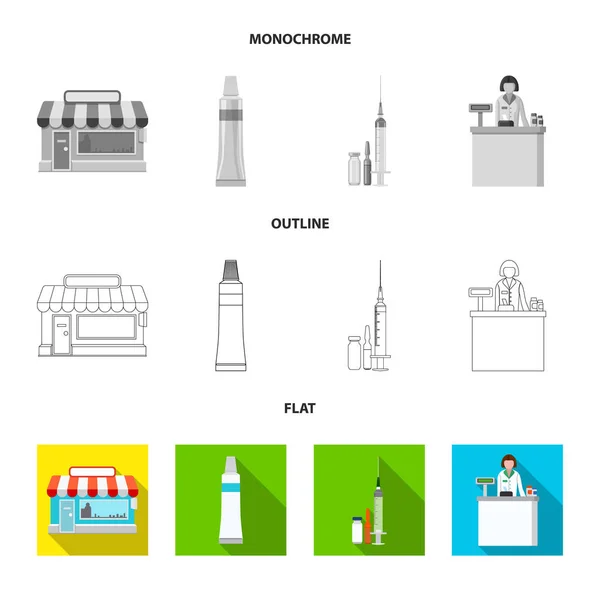 Objeto isolado da farmácia e ícone do hospital. Conjunto de farmácia e ilustração de vetor de estoque de negócios . — Vetor de Stock