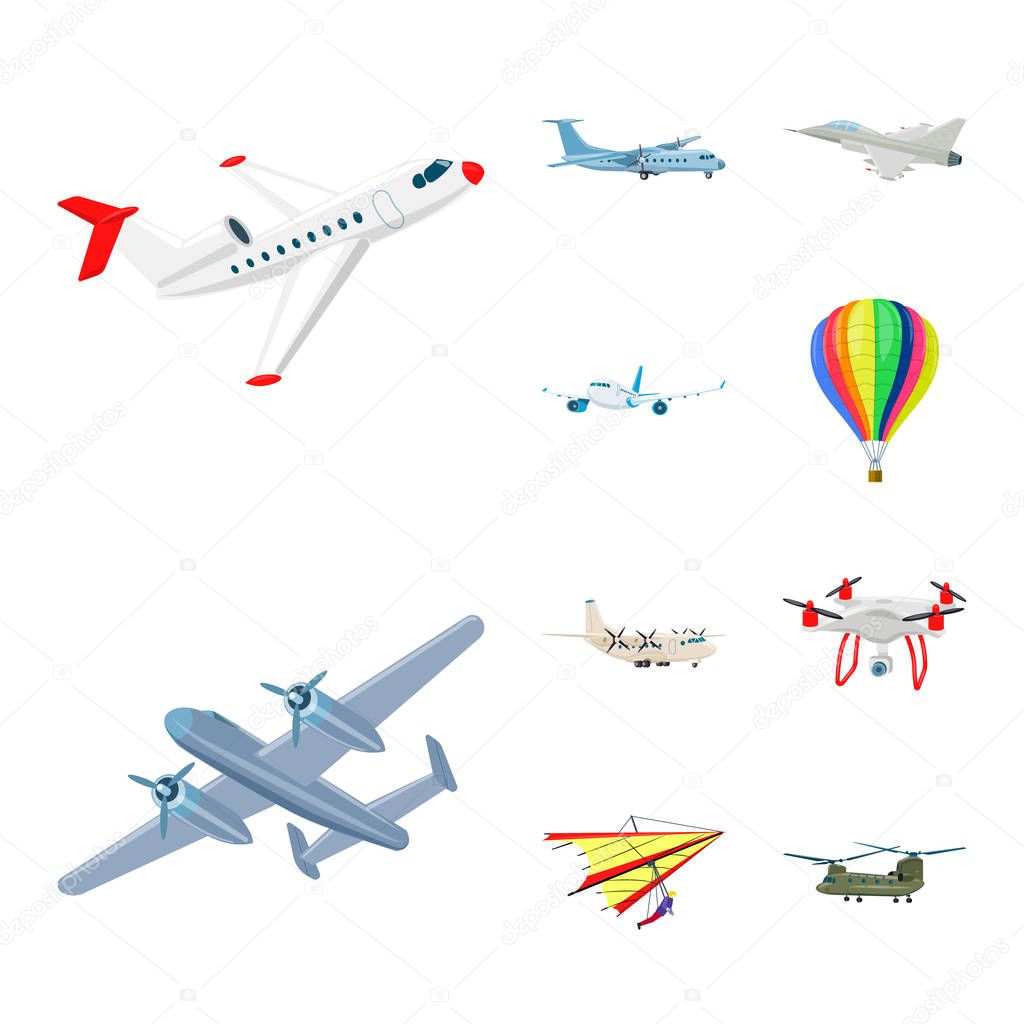 Vector design of plane and transport logo. Set of plane and sky stock symbol for web.