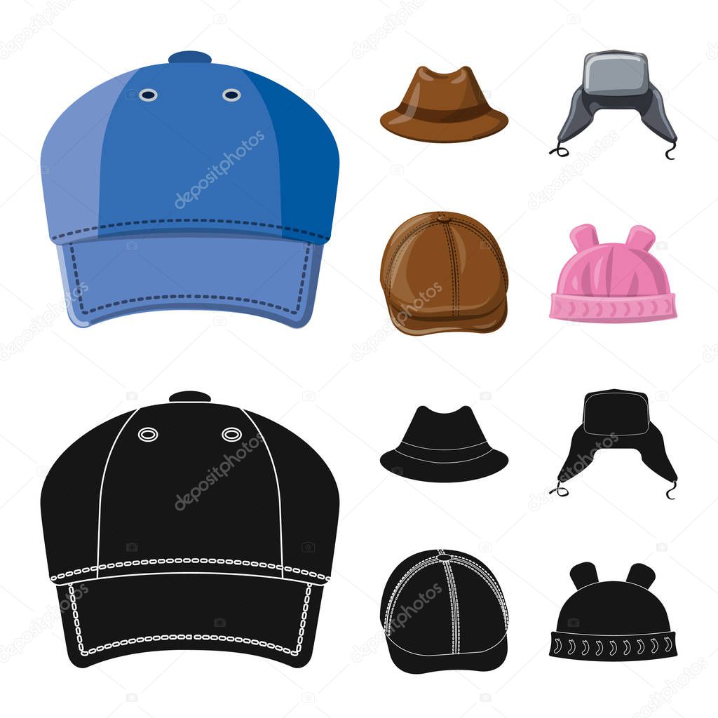 Vector illustration of headgear and cap logo. Collection of headgear and accessory stock vector illustration.
