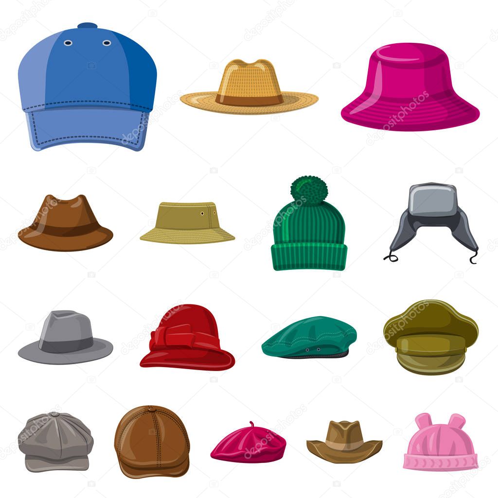 Vector design of headgear and cap symbol. Set of headgear and accessory vector icon for stock.