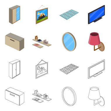 Yatak odası ve oda simge yalıtılmış nesne. Yatak ve mobilya hisse senedi vektör çizim topluluğu.