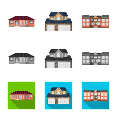 Vektör yapı tasarımı ve ön işareti. Bina ve çatı hisse senedi vektör çizim koleksiyonu.