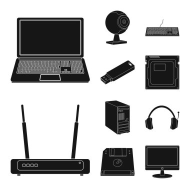 Dizüstü bilgisayar ve aygıt logosu yalıtılmış nesne. Dizüstü bilgisayar ve sunucu hisse senedi vektör çizim topluluğu.