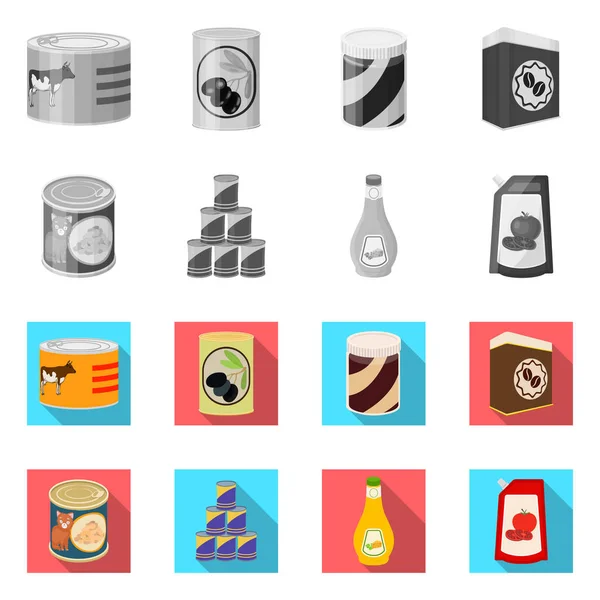Ilustración vectorial de lata y logotipo de alimentos. Conjunto de lata y paquete de símbolo de stock para web . — Vector de stock