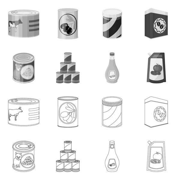 Ilustración vectorial de lata y símbolo de comida. Conjunto de lata y paquete de símbolo de stock para web . — Archivo Imágenes Vectoriales