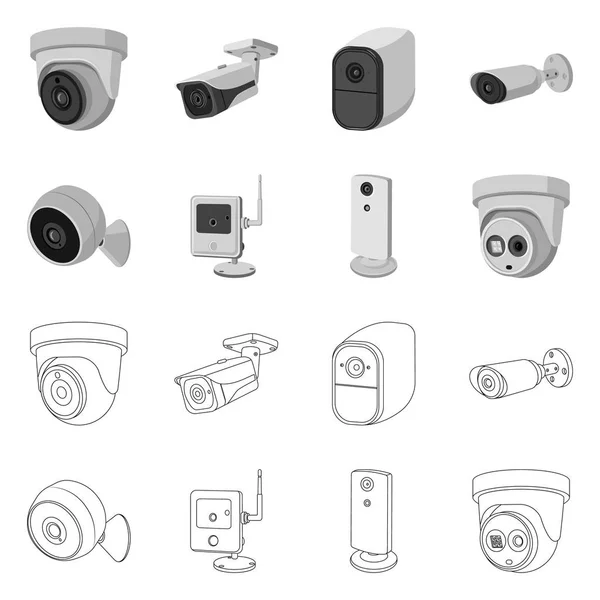 Векторный дизайн видеонаблюдения и значка камеры. Набор значков видеонаблюдения и вектора системы на складе . — стоковый вектор
