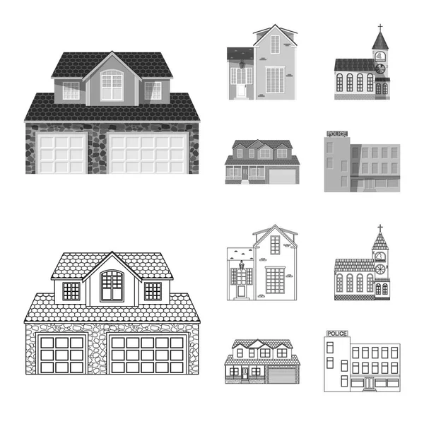 Vektorillustration des Gebäudes und des vorderen Schildes. Set von Gebäude-und Dach-Vektor-Symbol für Lager. — Stockvektor