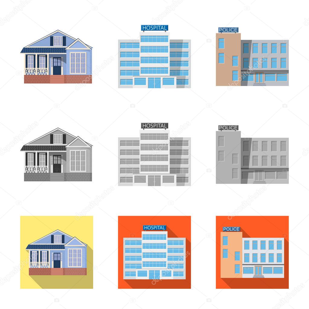 Vector illustration of building and front icon. Collection of building and roof stock vector illustration.
