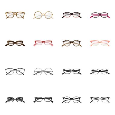 Gözlük tasarım vektör ve işareti çerçeve. Gözlük ve hisse senedi için aksesuar vektör ikon koleksiyonu.