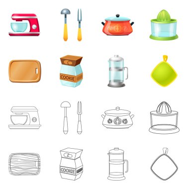 İllüstrasyon işareti mutfak ve aşçı, vektör. Mutfak ve cihaz hisse senedi vektör çizim seti.