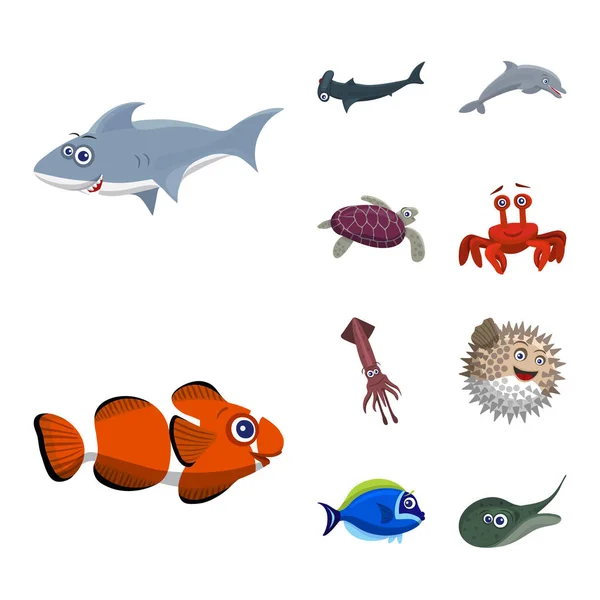 Diseño vectorial de mar y signo animal. Conjunto de ilustración de vectores marinos y marinos . — Vector de stock