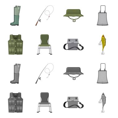 Balık ve balık tutma simge vektör tasarımı. Balık ve ekipman hisse senedi vektör çizim topluluğu.