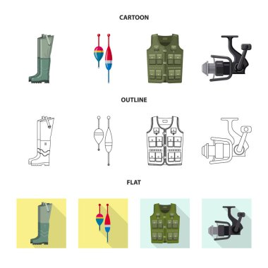 Balık ve balık tutma simge vektör tasarımı. Balık ve ekipman hisse senedi vektör çizim seti.