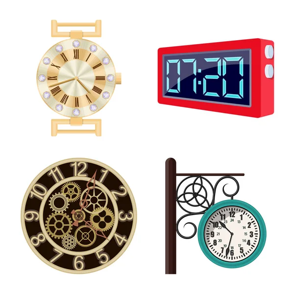 Απομονωμένο αντικείμενο ρολόι και η ώρα του συμβόλου. Συλλογή από ρολόι και κύκλο εικονογράφηση διάνυσμα απόθεμα. — Διανυσματικό Αρχείο