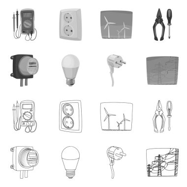 Elektrik ve elektrik işareti yalıtılmış nesne. Elektrik ve enerji hisse senedi için vektör simge kümesi.