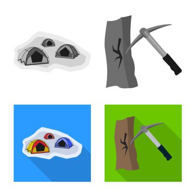 Dağcılık ve tepe simge vektör tasarımı. Dağcılık ve kamp set vektör simge stok için.