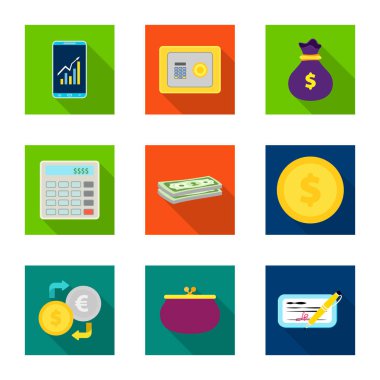 Banka ve para simgesinin vektör tasarımı. Web için banka ve bill hisse senedi simgesi kümesi.