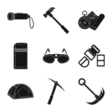 Dağcılık ve tepe simge vektör Illustration. Dağcılık ve kamp kümesi web için hisse senedi simgesi.