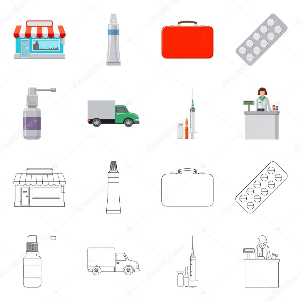 Vector illustration of pharmacy and hospital logo. Set of pharmacy and business vector icon for stock.