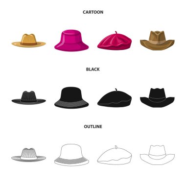 Şapkalar ve kap işareti yalıtılmış nesne. Şapkalar ve hisse senedi için aksesuar vektör ikon koleksiyonu.