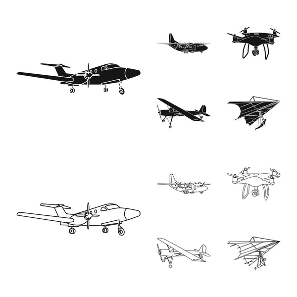 Vektorillustration des Flugzeugs und des Transportsymbols. Set von Flugzeug und Himmelsvektorsymbol für Aktien. — Stockvektor