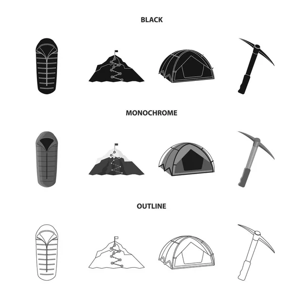 Diseño vectorial de montañismo y pico de señal. Colección de montañismo e ilustración de vectores de acampada . — Vector de stock