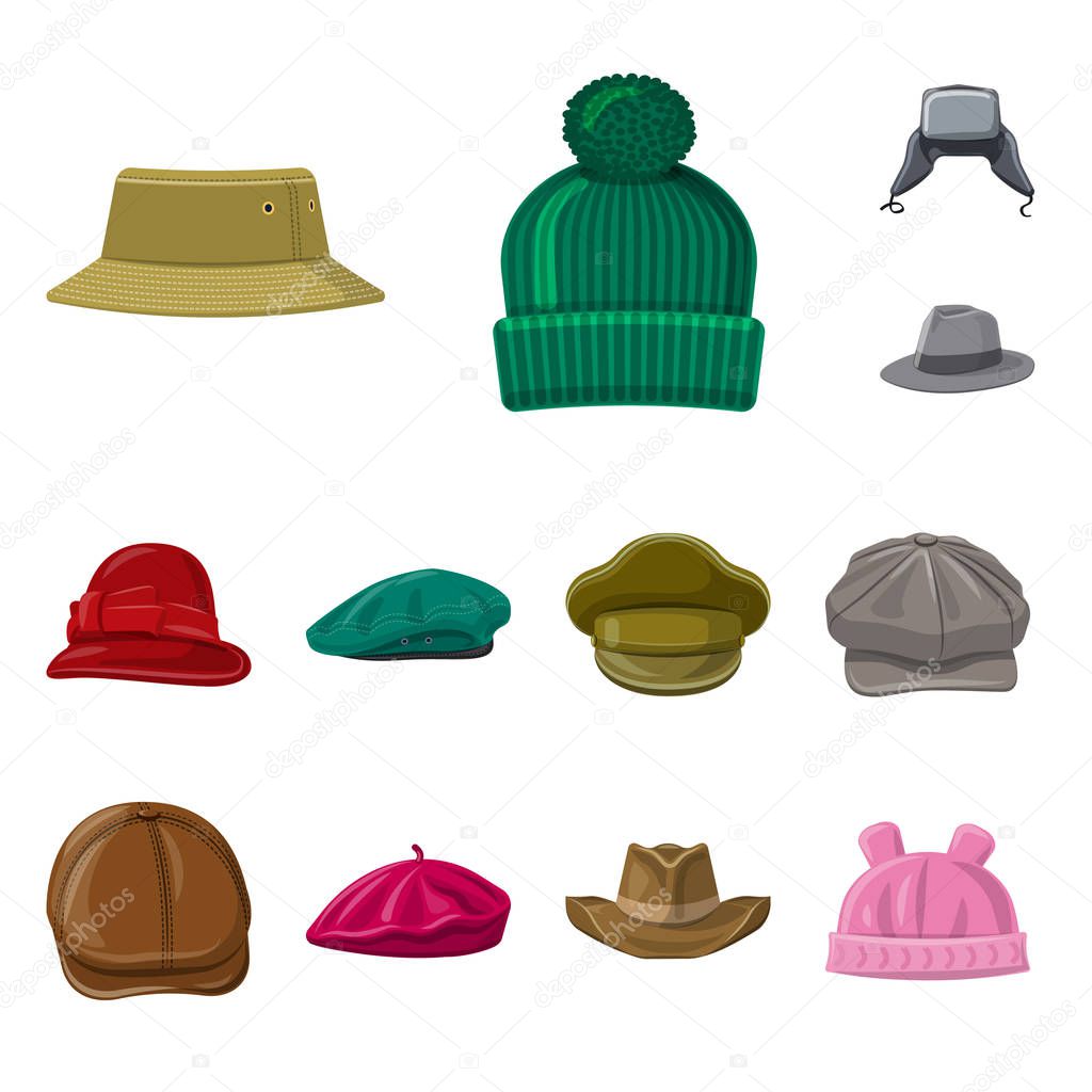 Isolated object of headgear and cap sign. Set of headgear and accessory stock vector illustration.