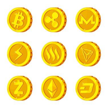 Cryptocurrency ve sikke simge yalıtılmış nesne. Cryptocurrency ve hisse senedi için kripto vektör simge kümesi.