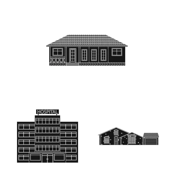 Διάνυσμα σχεδιασμό του κτηρίου και μπροστινή πινακίδα. Σύνολο του κτηρίου και την οροφή εικονίδιο του φορέα για το απόθεμα. — Διανυσματικό Αρχείο