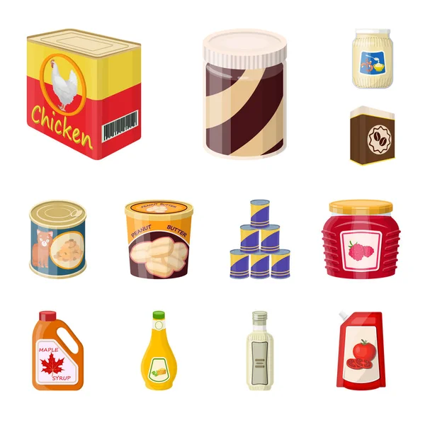 Objeto aislado de lata y signo de comida. Conjunto de lata y paquete icono vectorial para stock . — Archivo Imágenes Vectoriales