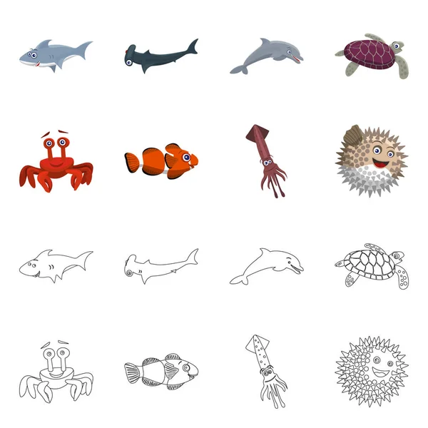 Векторная иллюстрация знака моря и животных. Коллекция векторных иллюстраций морских и морских запасов . — стоковый вектор